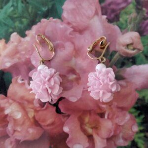 Vintage Pink Celluloid Flower Earrings with Clip-On Back